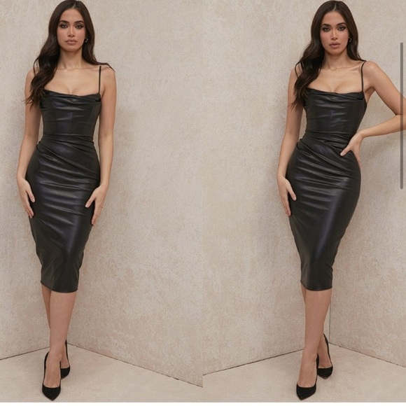 HOUSE OF CB 'Luanne' Black Vegan Leather Corset Midi Dress - Picture 3 of 13